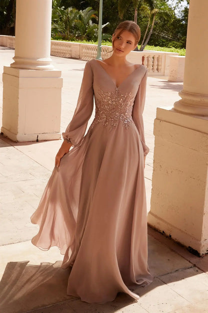 Elegant A-Line V-Neck Long Sleeve Beaded Dusty Rose Mother Of The Bride Gown