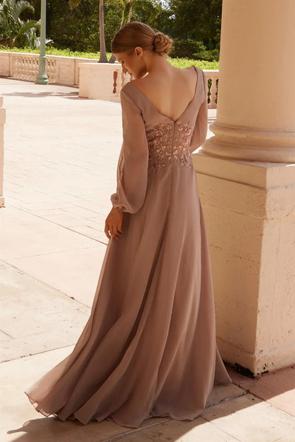 Elegant A-Line V-Neck Long Sleeve Beaded Dusty Rose Mother Of The Bride Gown