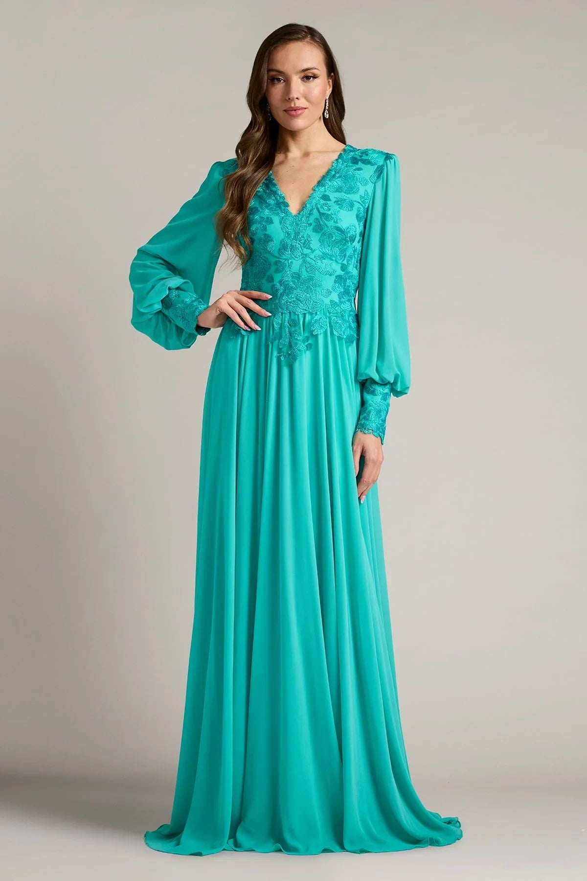 Elegant A-Line V-Neck Long Sleeve Beaded Teal Floor-Length Mother of the Bride Dress