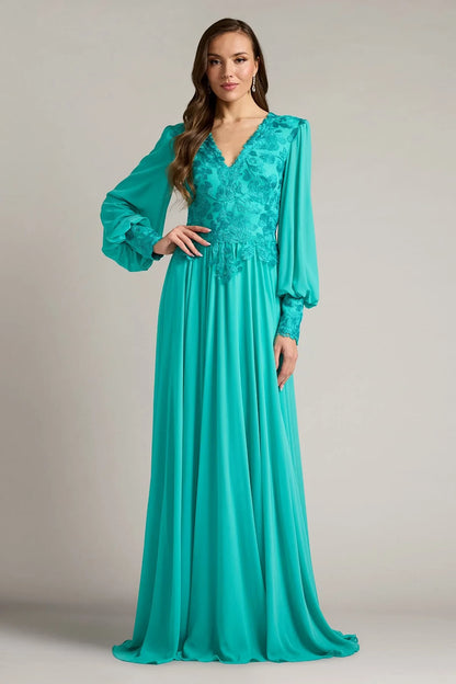 Elegant A-Line V-Neck Long Sleeve Beaded Teal Floor-Length Mother of the Bride Dress