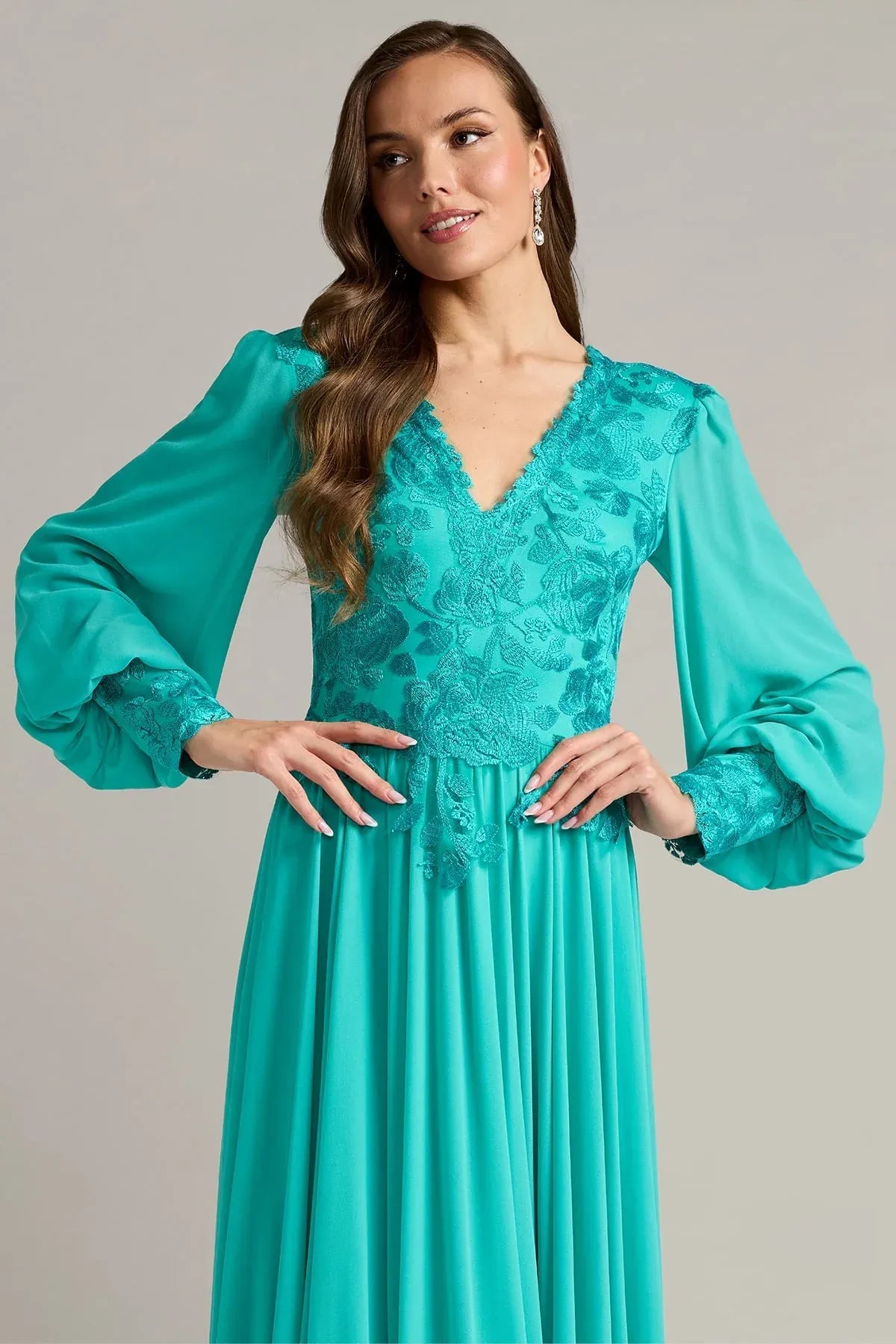 Elegant A-Line V-Neck Long Sleeve Beaded Teal Floor-Length Mother of the Bride Dress