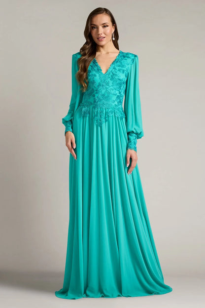 Elegant A-Line V-Neck Long Sleeve Beaded Teal Floor-Length Mother of the Bride Dress