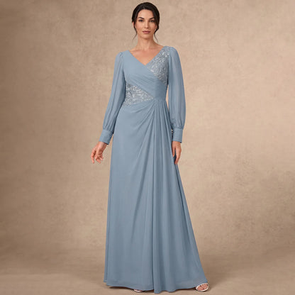 Elegant A-Line V-Neck Long Sleeve Embroidered Dusty Blue Mother of the Bride Gown