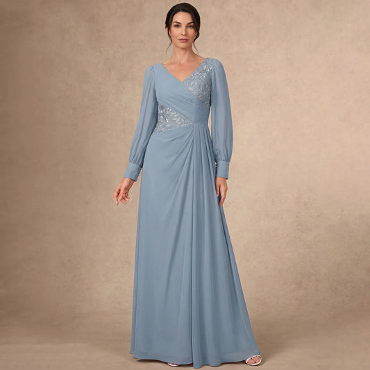 Elegant A-Line V-Neck Long Sleeve Embroidered Dusty Blue Mother of the Bride Gown