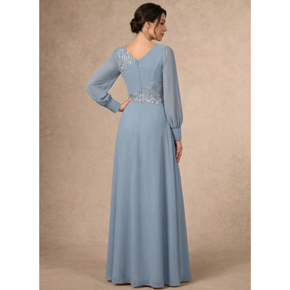 Elegant A-Line V-Neck Long Sleeve Embroidered Dusty Blue Mother of the Bride Gown