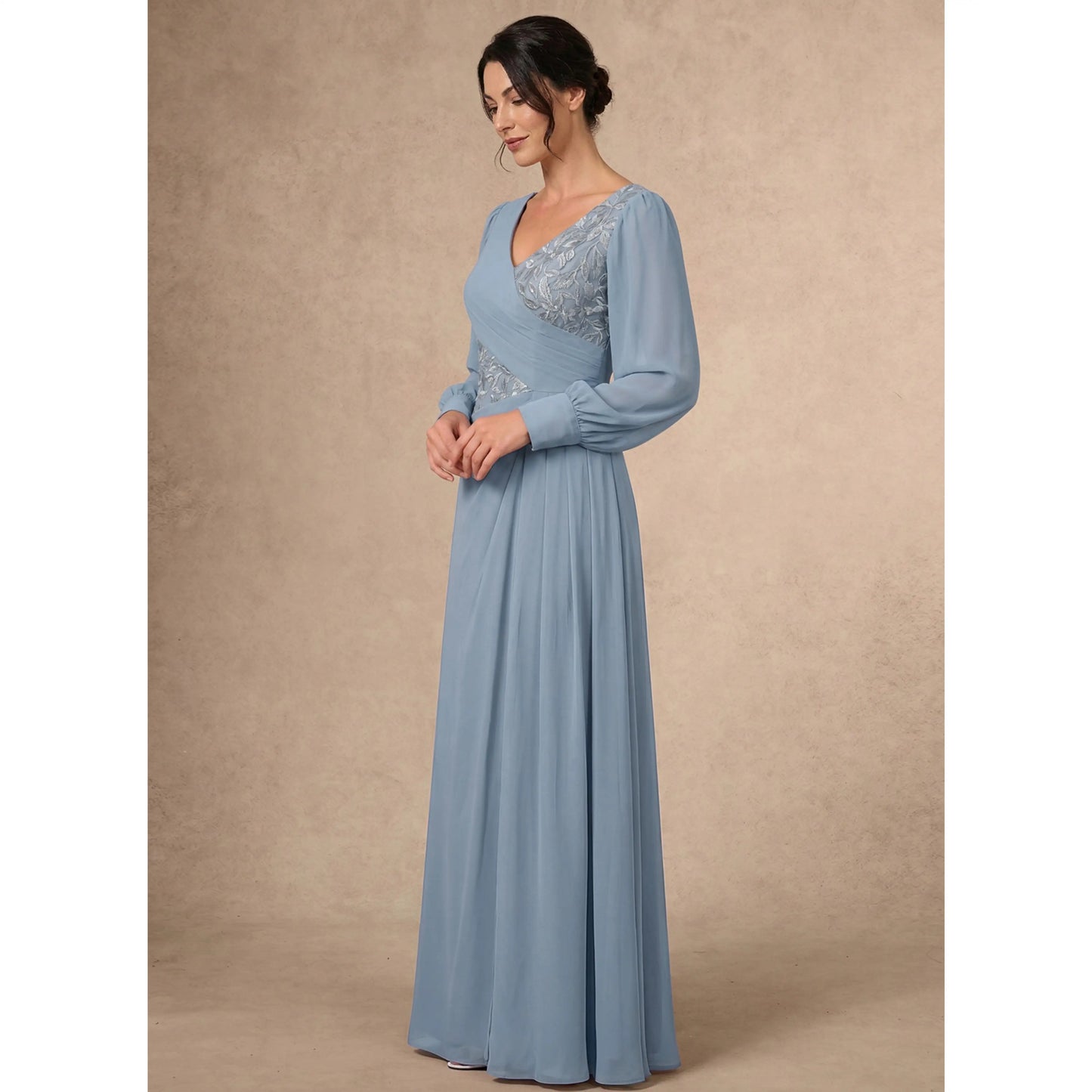 Elegant A-Line V-Neck Long Sleeve Embroidered Dusty Blue Mother of the Bride Gown