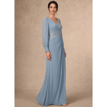 Elegant A-Line V-Neck Long Sleeve Embroidered Dusty Blue Mother of the Bride Gown