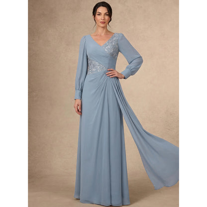 Elegant A-Line V-Neck Long Sleeve Embroidered Dusty Blue Mother of the Bride Gown