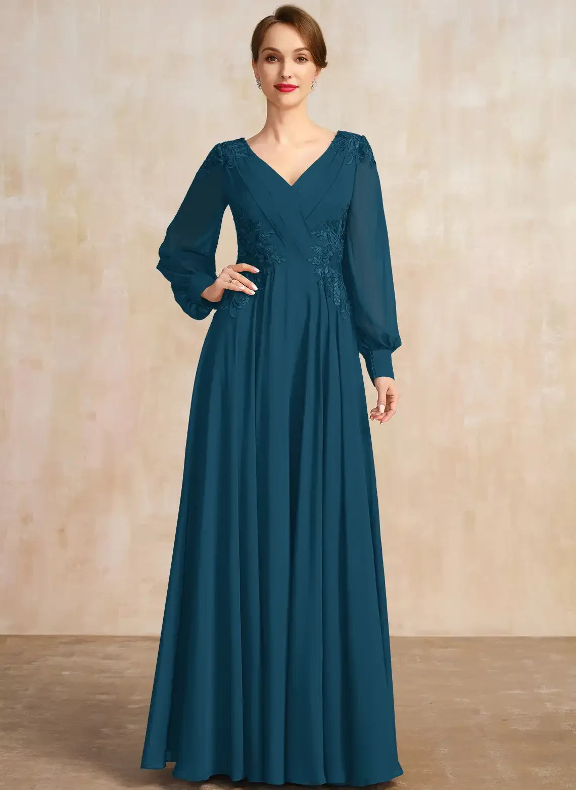 Elegant A-Line V-Neck Long Sleeve Embroidered Teal Floor-Length Mother Of The Bride Dress