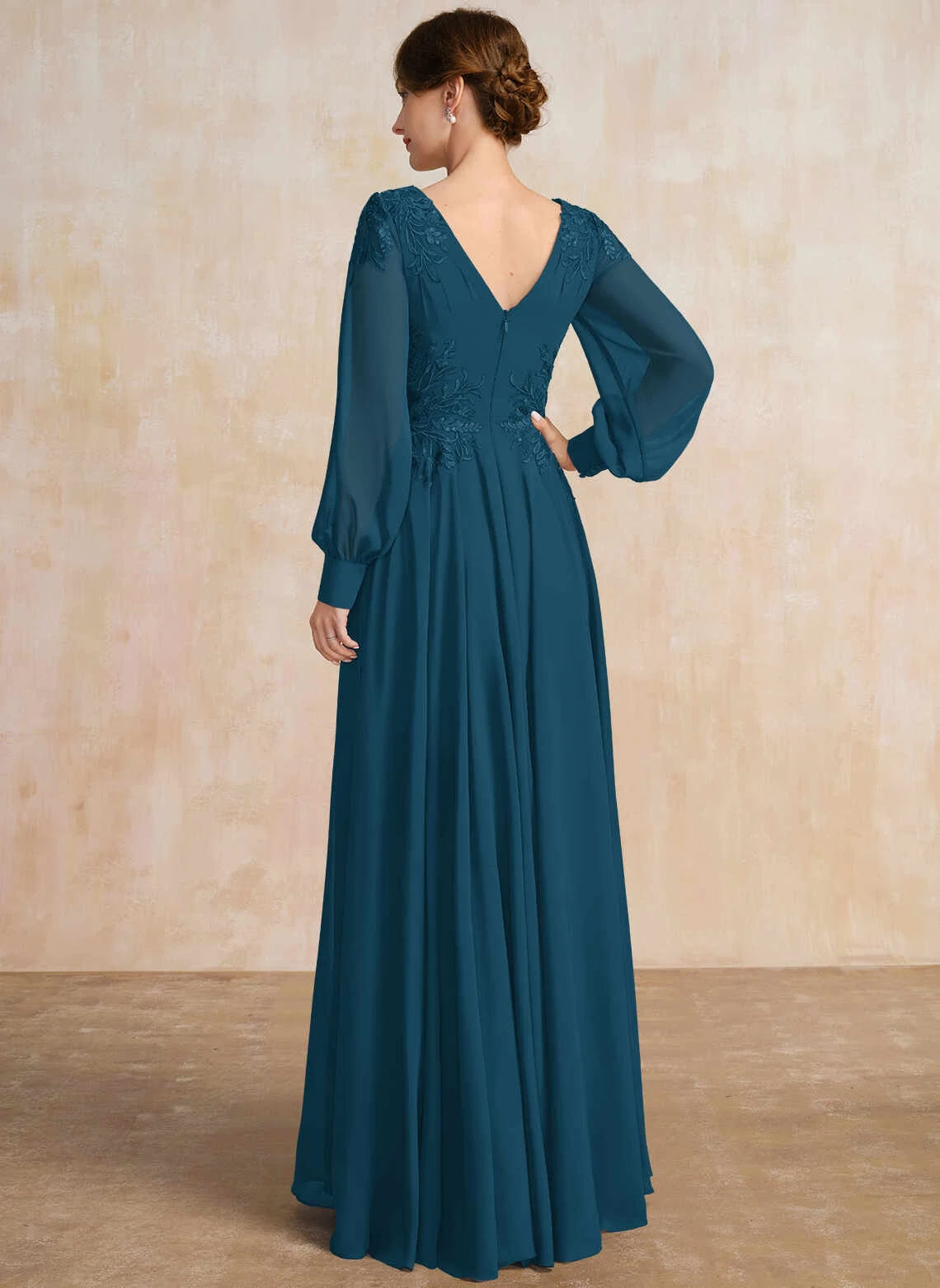 Elegant A-Line V-Neck Long Sleeve Embroidered Teal Floor-Length Mother Of The Bride Dress
