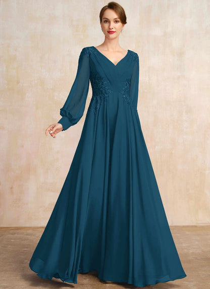 Elegant A-Line V-Neck Long Sleeve Embroidered Teal Floor-Length Mother Of The Bride Dress
