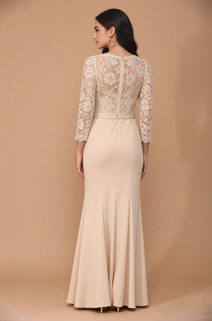 Elegant A-Line V-Neck Long Sleeve Formal Champagne Floor Length Mother of the Bride Dress