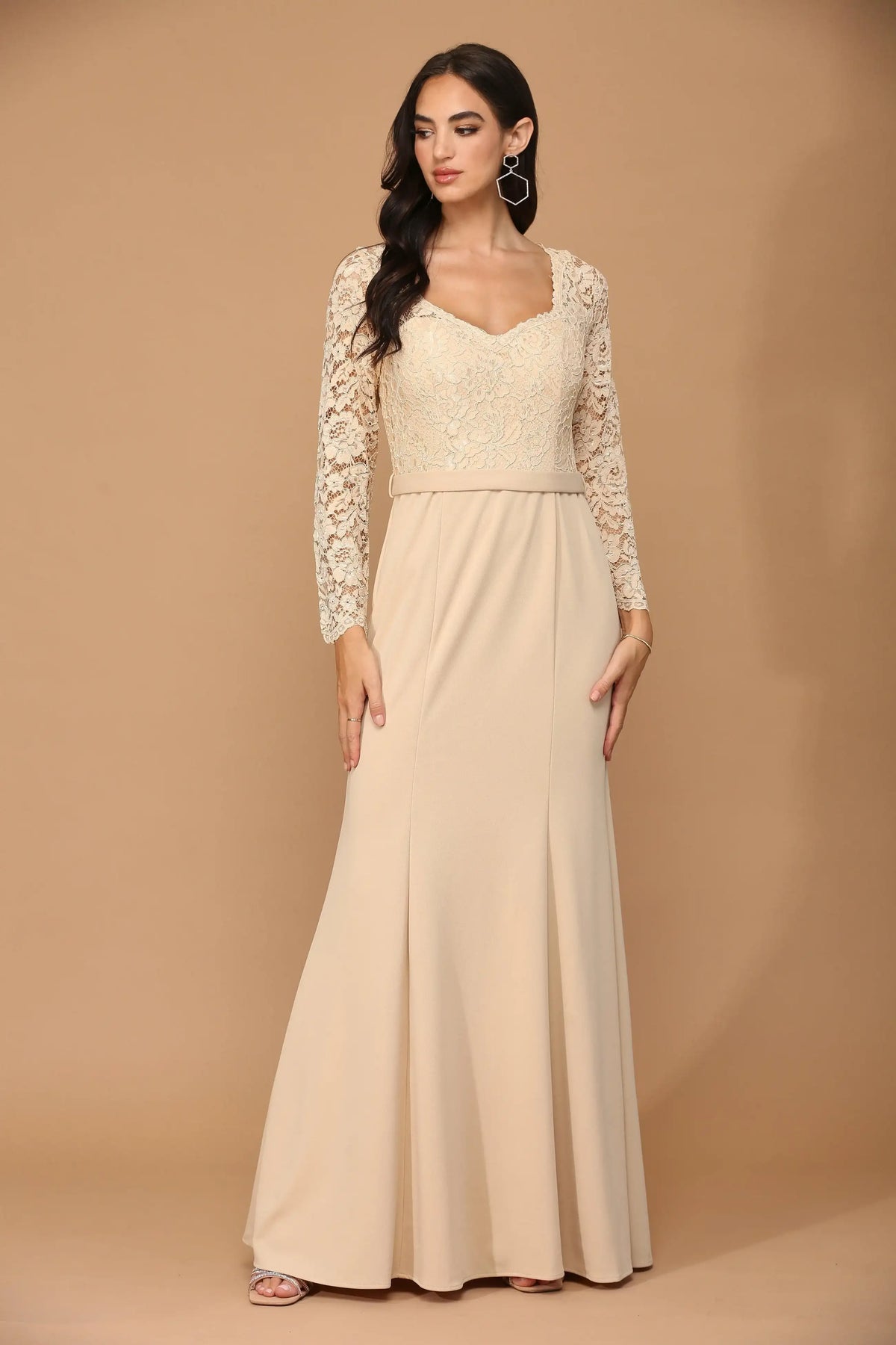 Elegant A-Line V-Neck Long Sleeve Formal Champagne Floor Length Mother of the Bride Dress