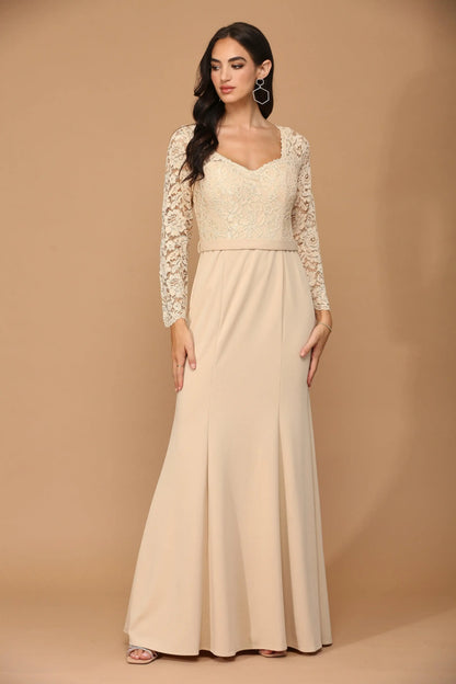Elegant A-Line V-Neck Long Sleeve Formal Champagne Floor Length Mother of the Bride Dress