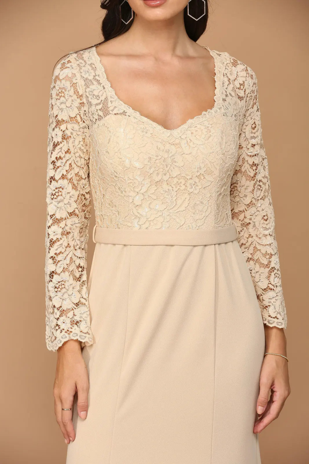 Elegant A-Line V-Neck Long Sleeve Formal Champagne Floor Length Mother of the Bride Dress