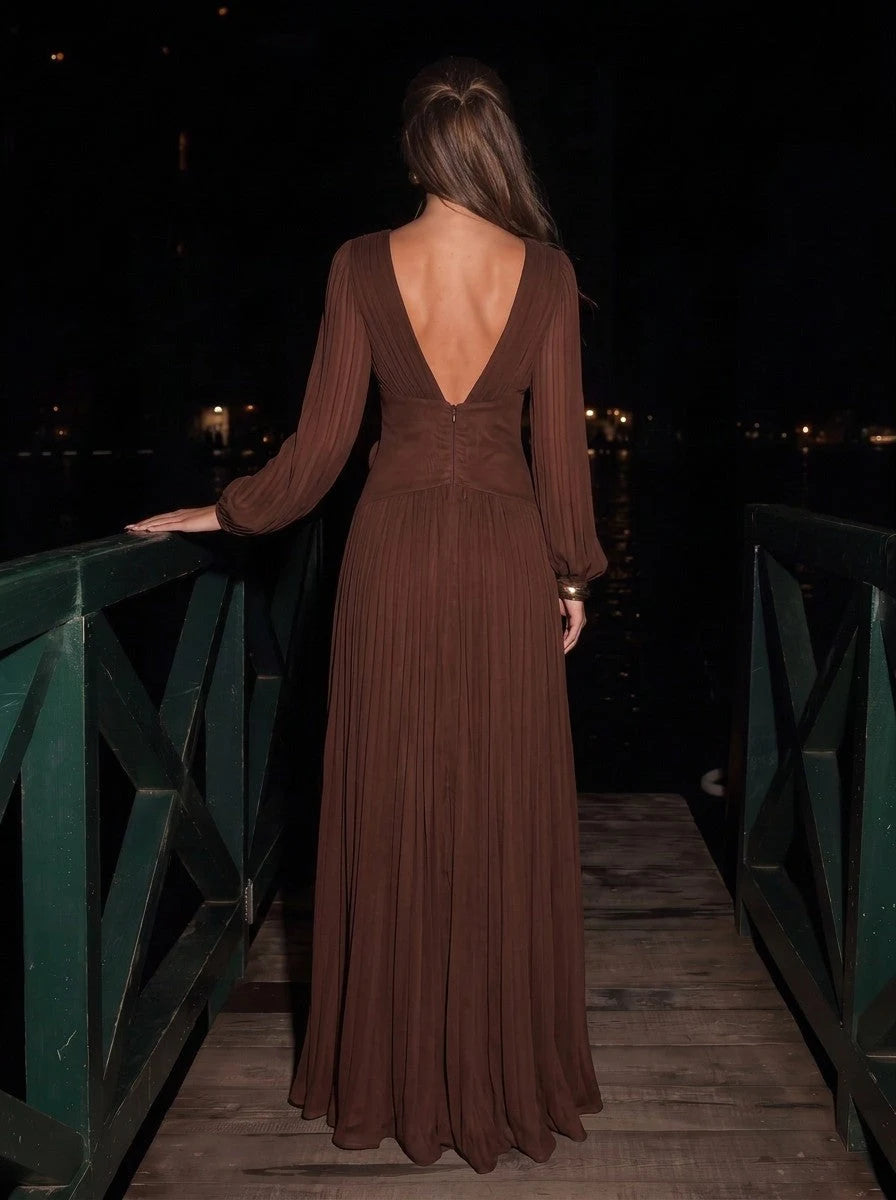 Elegant A-Line V-Neck Long Sleeve Pleated Slit Brown Maxi Prom Dress For Women