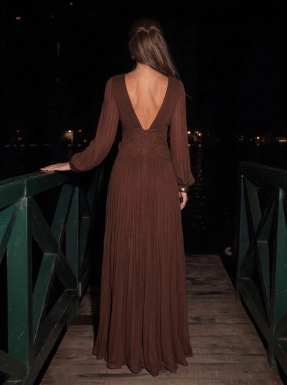 Elegant A-Line V-Neck Long Sleeve Pleated Slit Brown Maxi Prom Dress For Women
