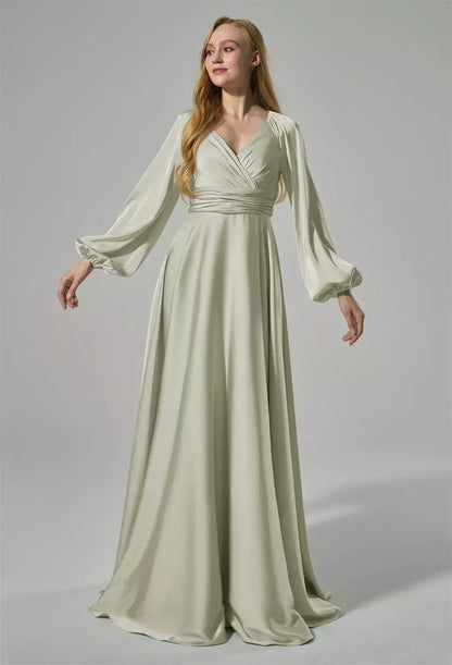 Elegant A-Line V-Neck Long Sleeve Pleated Slit Sage Maxi Bridesmaid Dress