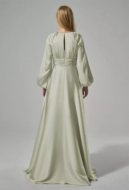 Elegant A-Line V-Neck Long Sleeve Pleated Slit Sage Maxi Bridesmaid Dress
