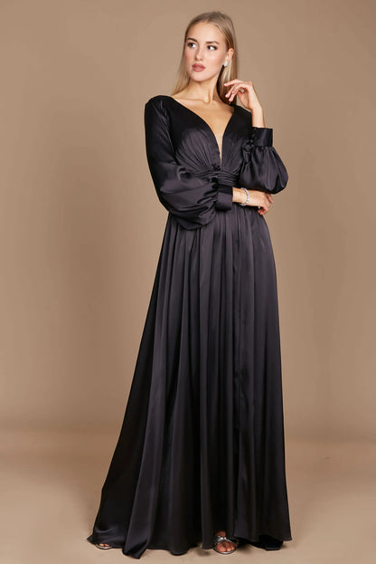 Elegant A-Line V-Neck Long Sleeve Ruched Black Floor-Length Mother of the Bride Gown