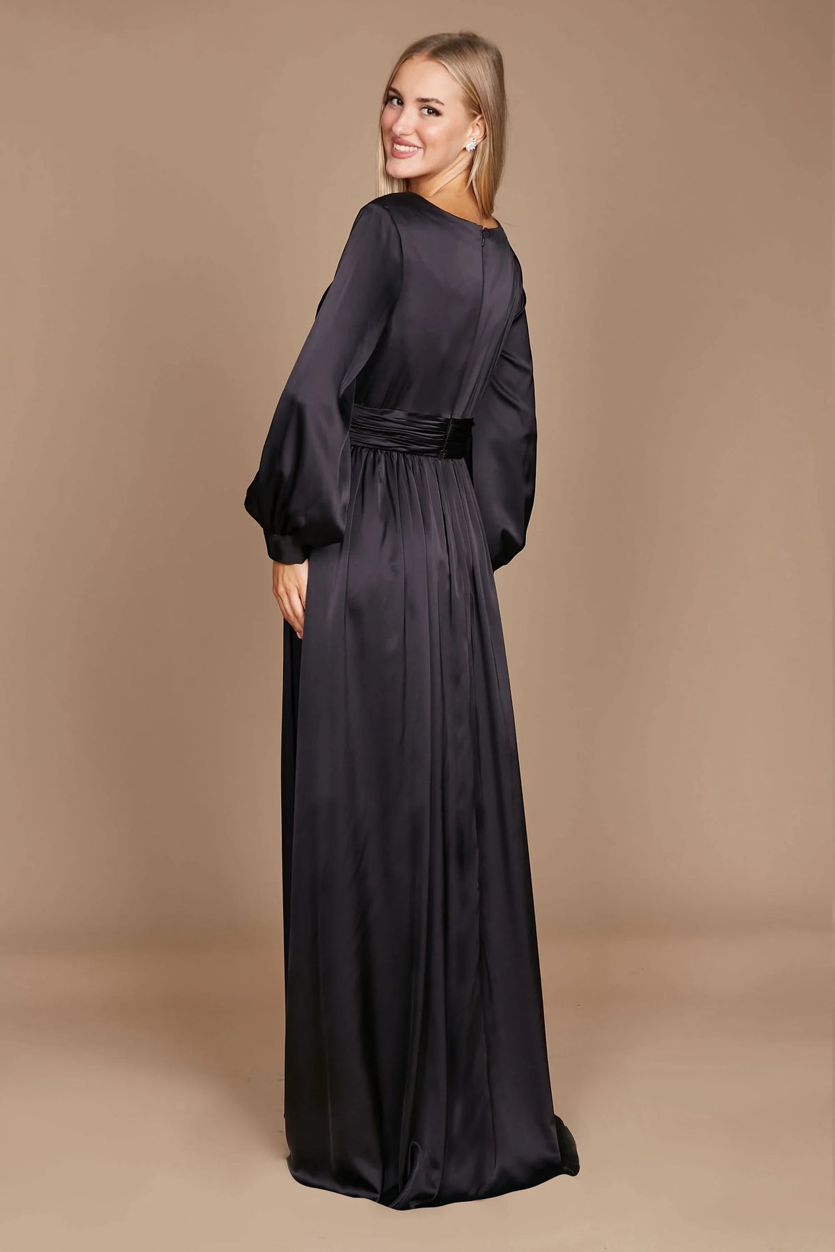 Elegant A-Line V-Neck Long Sleeve Ruched Black Floor-Length Mother of the Bride Gown