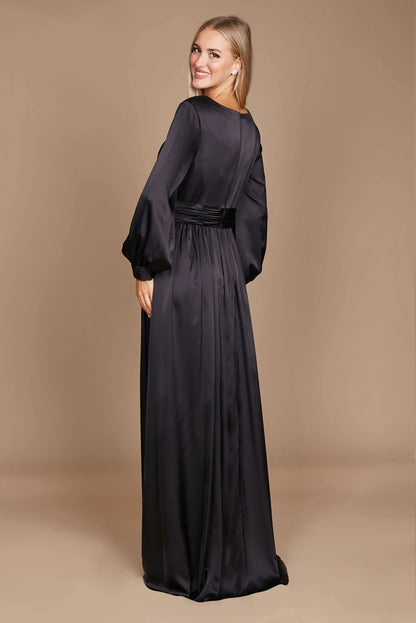 Elegant A-Line V-Neck Long Sleeve Ruched Black Floor-Length Mother of the Bride Gown
