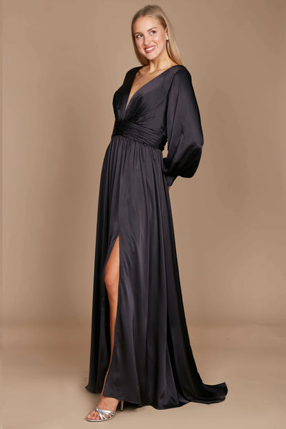 Elegant A-Line V-Neck Long Sleeve Ruched Black Floor-Length Mother of the Bride Gown