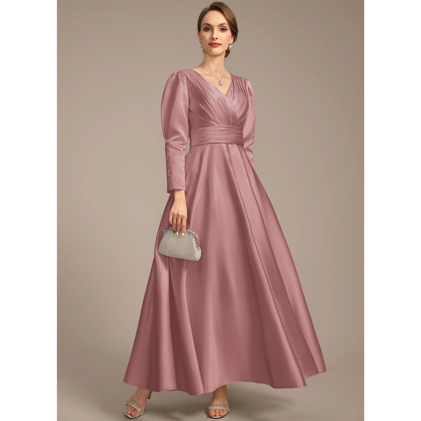 Elegant A-Line V-Neck Long Sleeve Ruched Dusty Rose Floor-Length Mother of Bride Gown