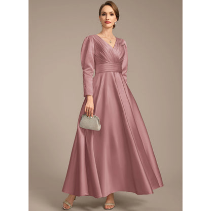 Elegant A-Line V-Neck Long Sleeve Ruched Dusty Rose Floor-Length Mother of Bride Gown