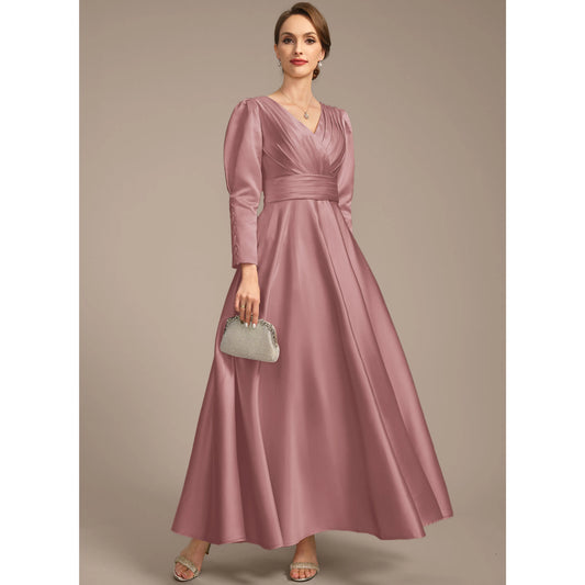 Elegant A-Line V-Neck Long Sleeve Ruched Dusty Rose Floor-Length Mother of Bride Gown