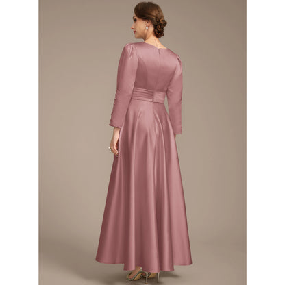Elegant A-Line V-Neck Long Sleeve Ruched Dusty Rose Floor-Length Mother of Bride Gown