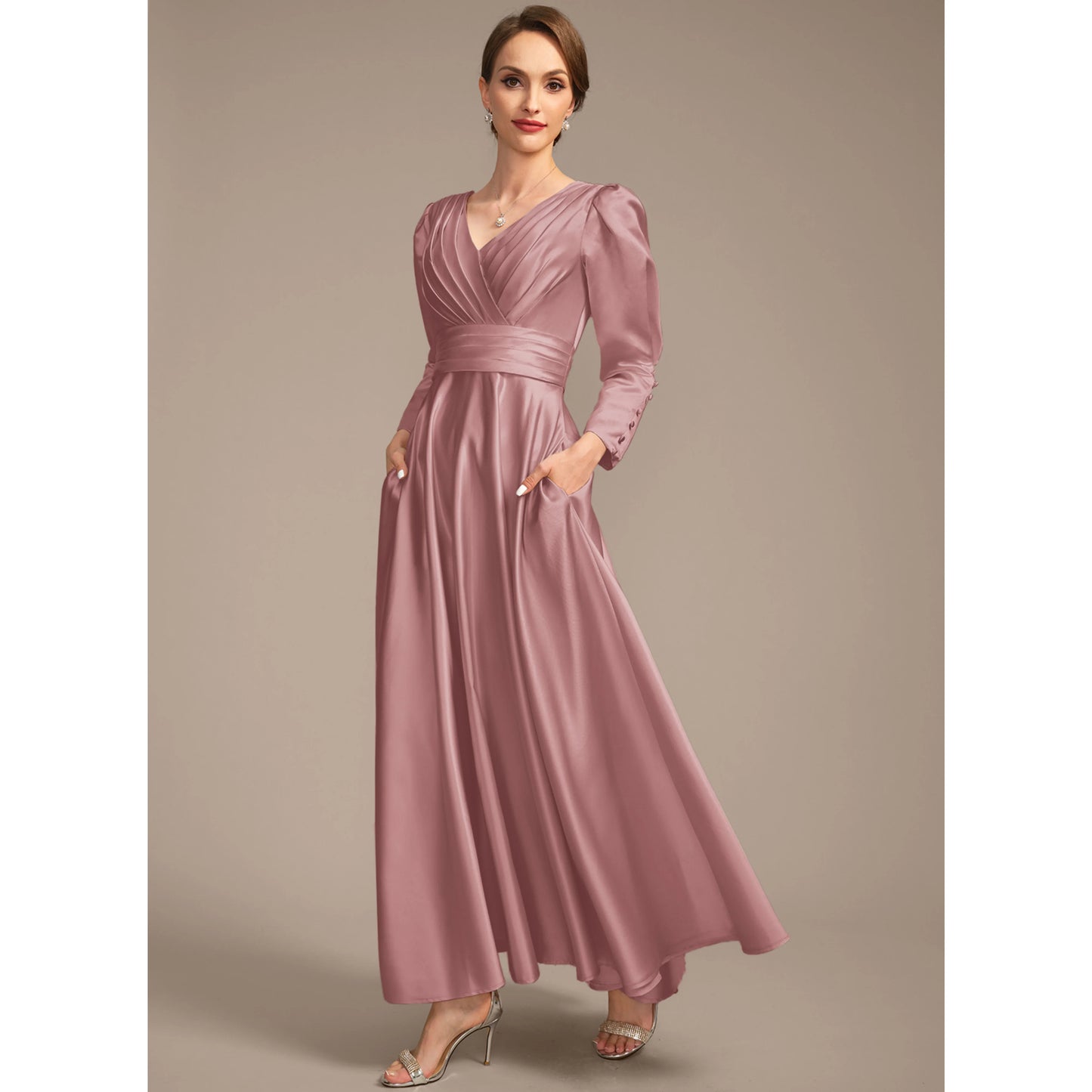 Elegant A-Line V-Neck Long Sleeve Ruched Dusty Rose Floor-Length Mother of Bride Gown