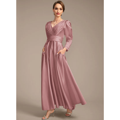 Elegant A-Line V-Neck Long Sleeve Ruched Dusty Rose Floor-Length Mother of Bride Gown