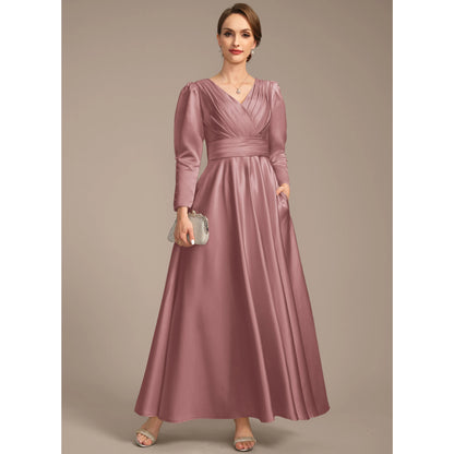 Elegant A-Line V-Neck Long Sleeve Ruched Dusty Rose Floor-Length Mother of Bride Gown