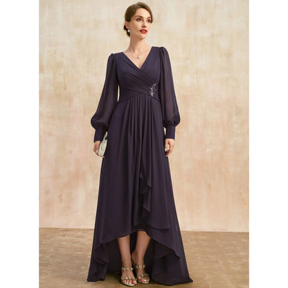 Elegant A-Line V-Neck Long Sleeve Ruched High-Low Mother of the Bride Gown