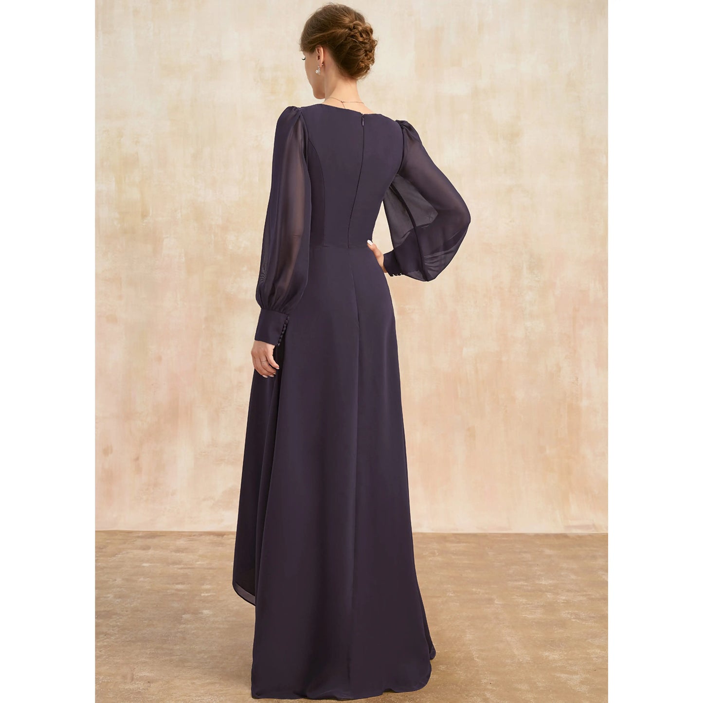 Elegant A-Line V-Neck Long Sleeve Ruched High-Low Mother of the Bride Gown