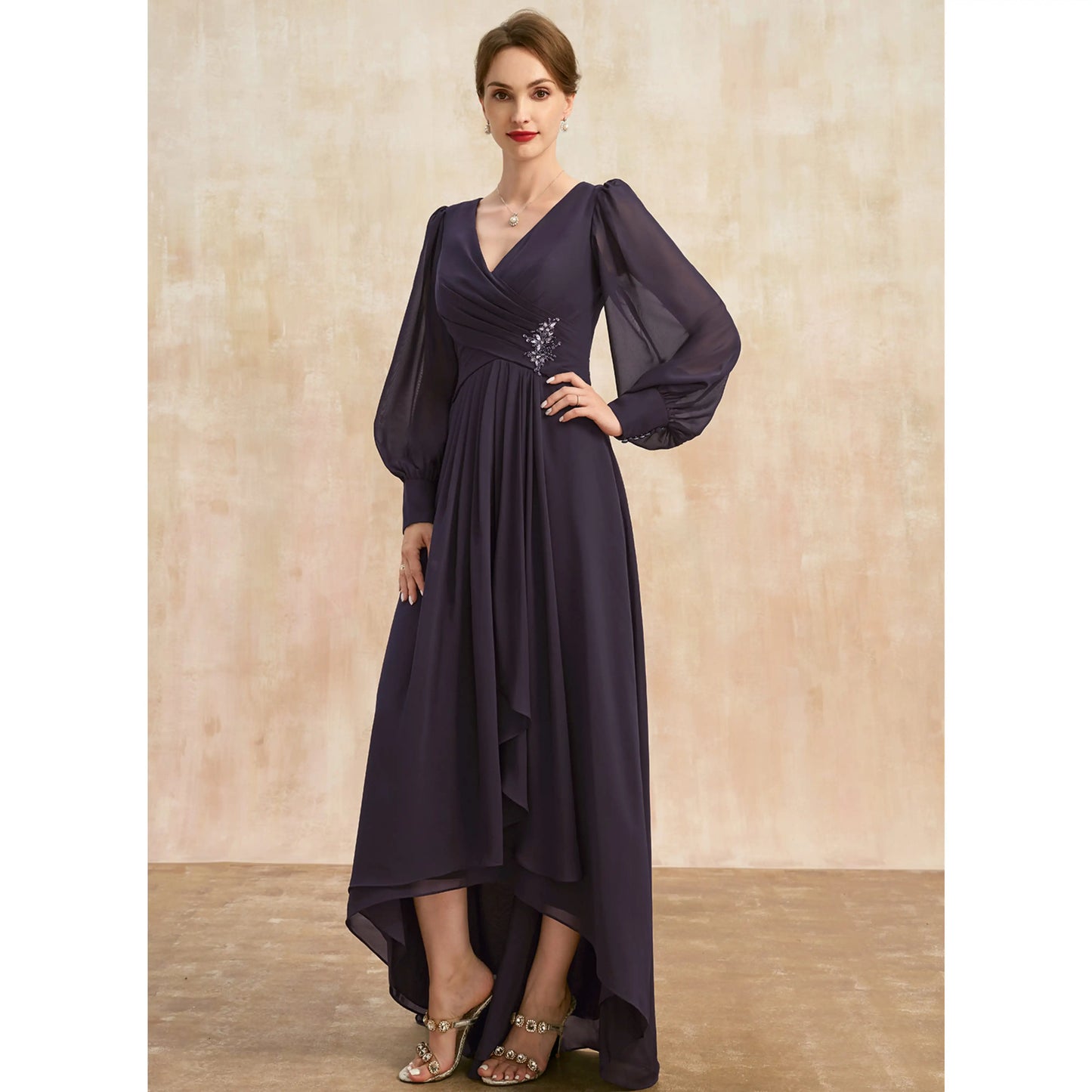Elegant A-Line V-Neck Long Sleeve Ruched High-Low Mother of the Bride Gown