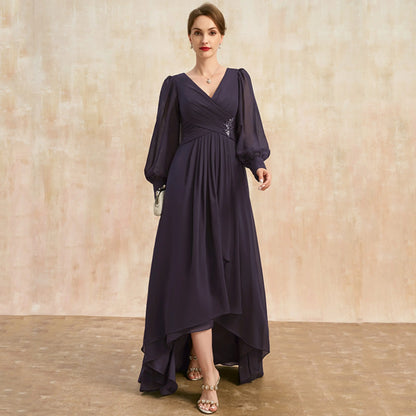 Elegant A-Line V-Neck Long Sleeve Ruched High-Low Mother of the Bride Gown