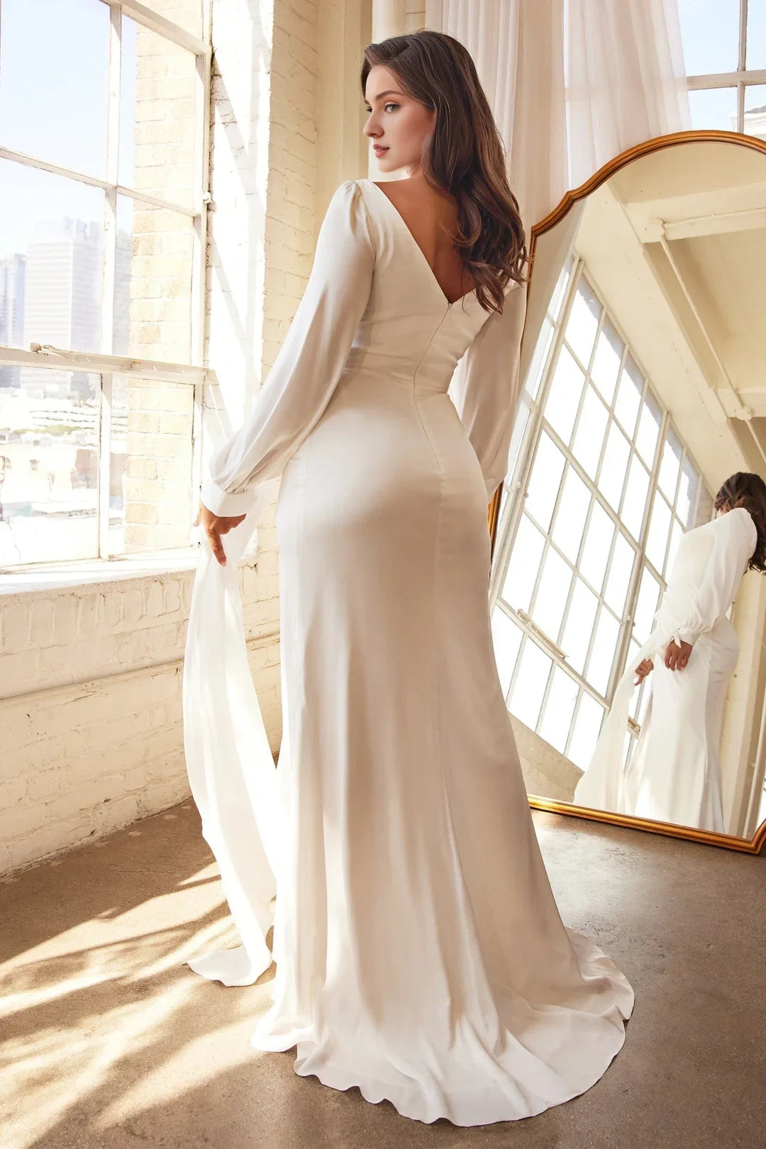 Elegant A-Line V-Neck Long Sleeve Ruched Slit White Floor-Length Wedding Dresses for Women