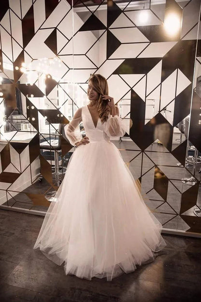 Elegant A-Line V-Neck Long Sleeve Sheer Backless White Floor-Length Wedding Dresses