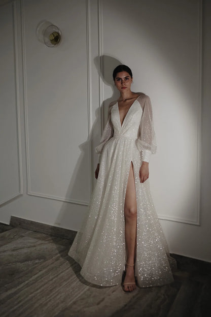 Elegant A-Line V-Neck Long Sleeve Sparkling High Slit White Floor-Length Wedding Gown