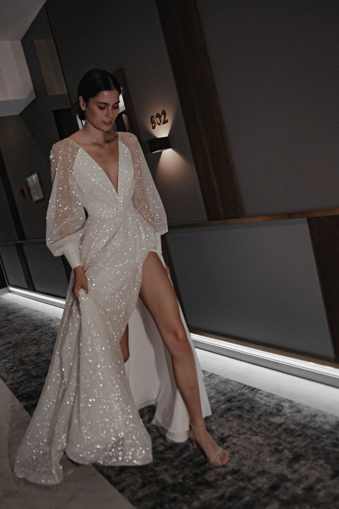 Elegant A-Line V-Neck Long Sleeve Sparkling High Slit White Floor-Length Wedding Gown