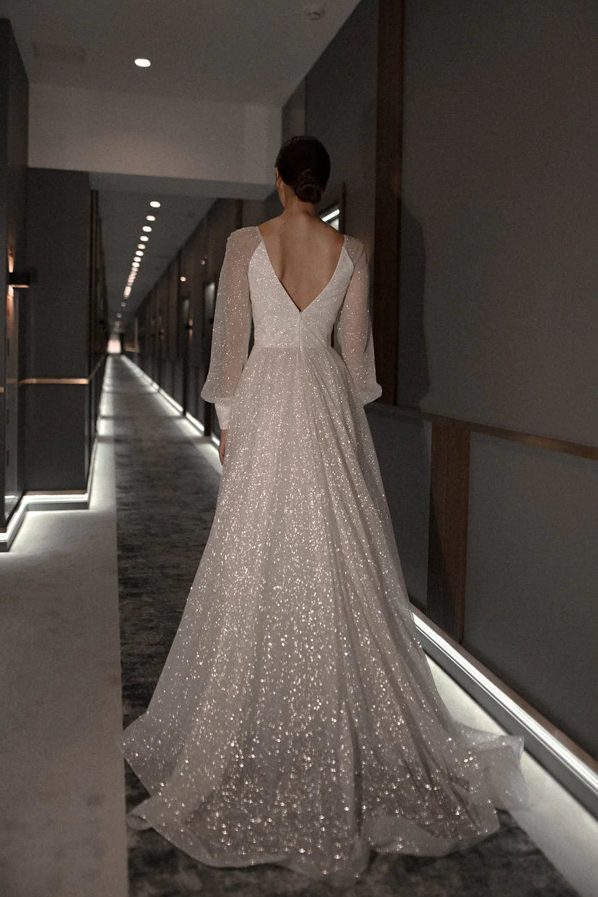 Elegant A-Line V-Neck Long Sleeve Sparkling High Slit White Floor-Length Wedding Gown