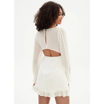 Elegant A-Line V-Neck Long Sleeved Ruffled Open Back Ivory Short Homecoming Dress