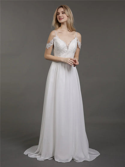 Elegant A-Line V-Neck Off-Shoulder Lace Flowy White Floor-Length Wedding Gown