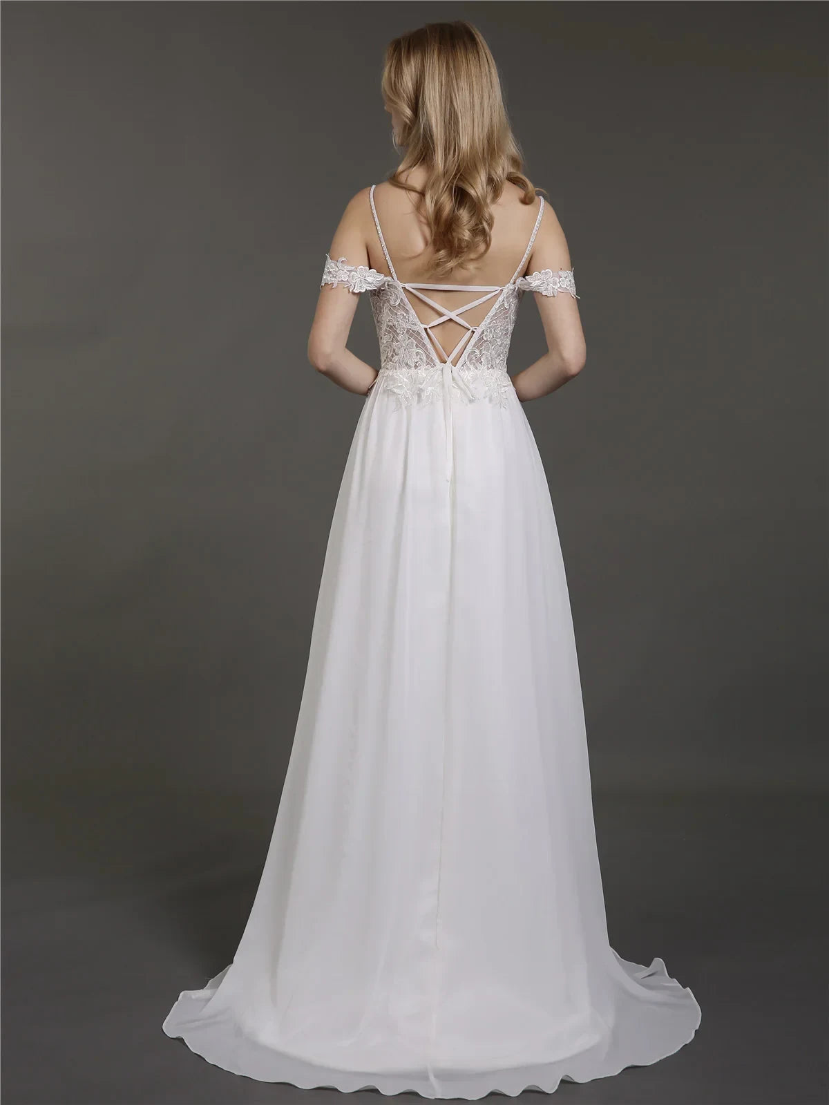 Elegant A-Line V-Neck Off-Shoulder Lace Flowy White Floor-Length Wedding Gown