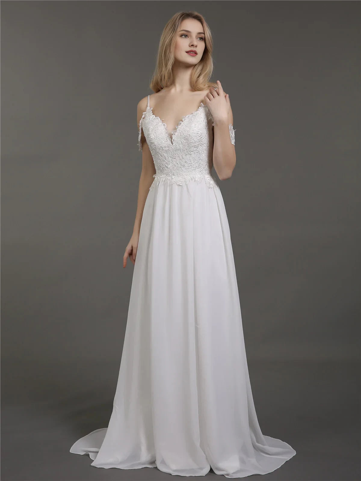 Elegant A-Line V-Neck Off-Shoulder Lace Flowy White Floor-Length Wedding Gown