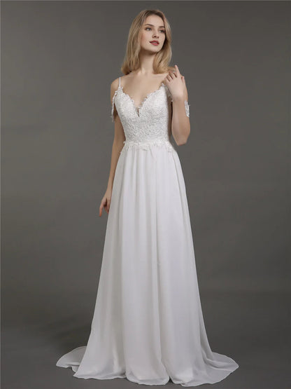 Elegant A-Line V-Neck Off-Shoulder Lace Flowy White Floor-Length Wedding Gown