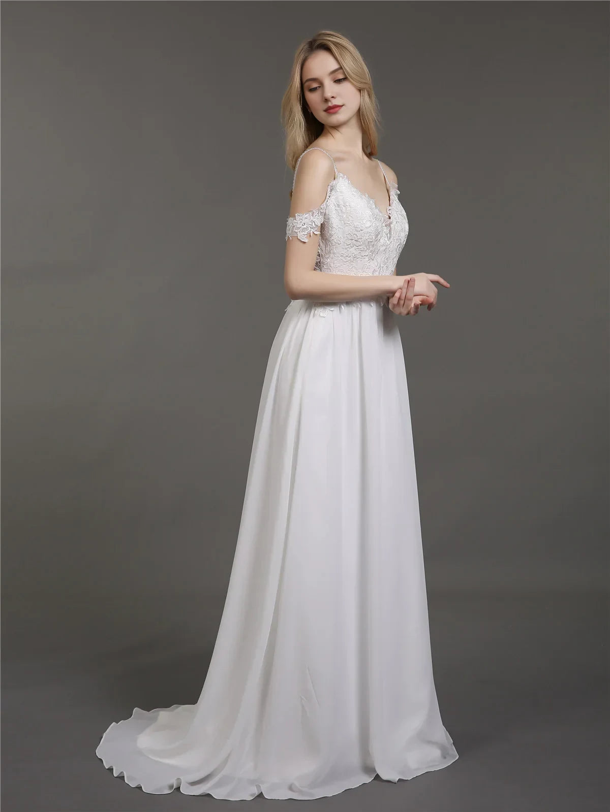 Elegant A-Line V-Neck Off-Shoulder Lace Flowy White Floor-Length Wedding Gown