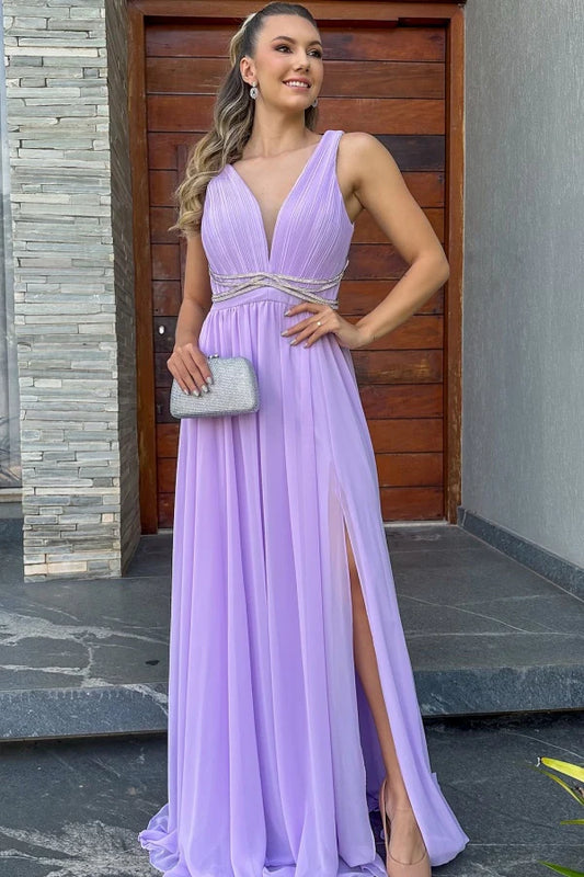 Elegant A-Line V-Neck Pleated Beaded Lavender Floor-Length Prom Dress